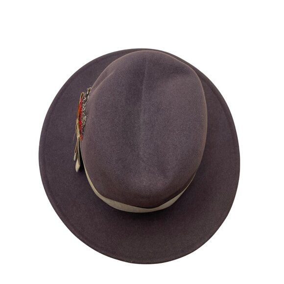 Adolfo Realites Purple Wool Fedora Hat With Beige Ribbon Bow Feather Accent - Picture 8 of 12